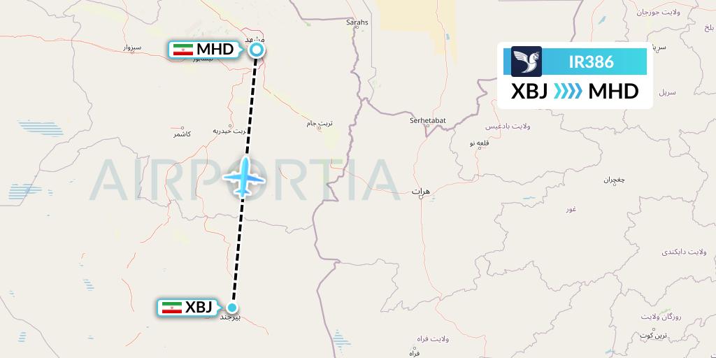 IR386 Iran Air Flight Map: Birjand to Mashhad