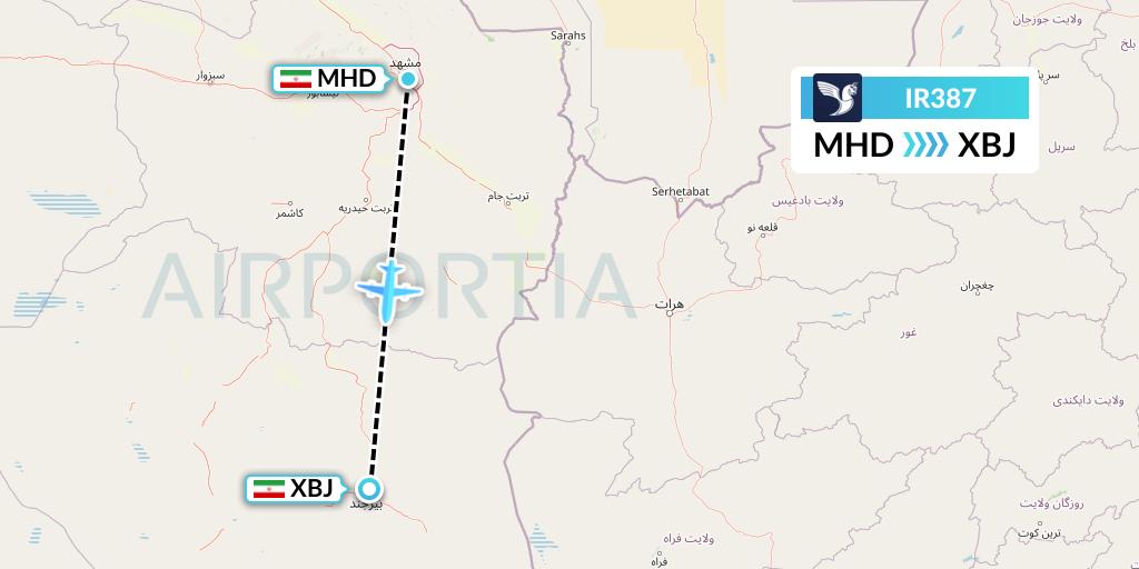 IR387 Iran Air Flight Map: Mashhad to Birjand