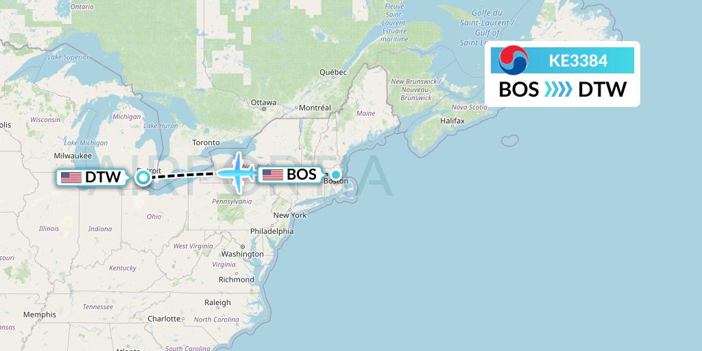KE3384 Korean Air Flight Map: Boston to Detroit