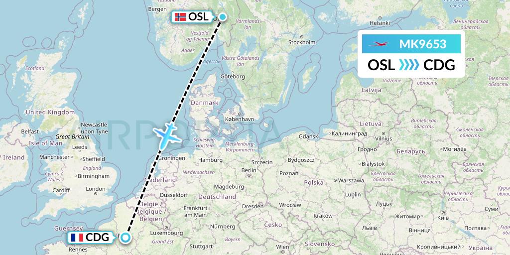 MK9653 Air Mauritius Flight Map: Oslo to Paris