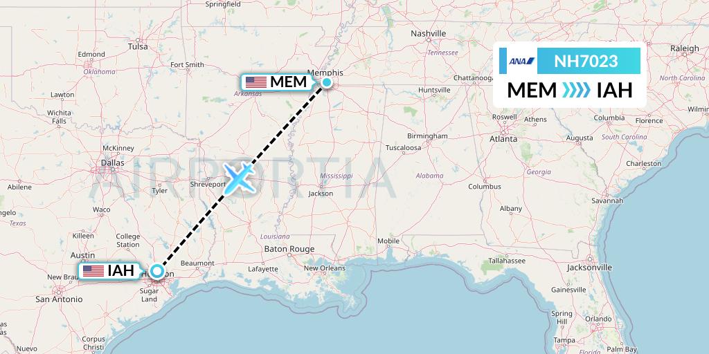 NH7023 All Nippon Airways Flight Map: Memphis to Houston