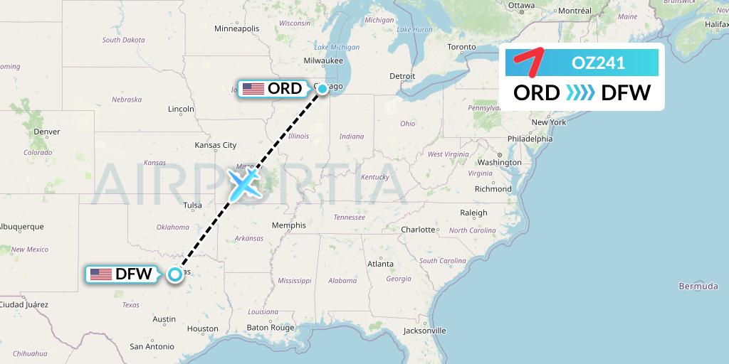 OZ241 Asiana Airlines Flight Map: Chicago to Dallas