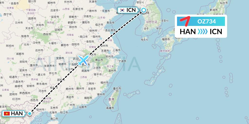 OZ734 Asiana Airlines Flight Map: Hanoi to Seoul