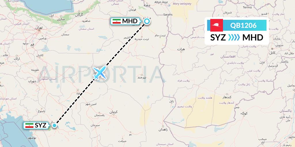 QB1206 Qeshm Airlines Flight Map: Shiraz to Mashhad