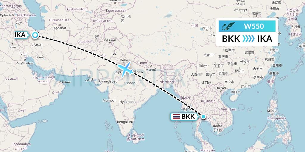 W550 Mahan Air Flight Map: Bangkok to Tehran