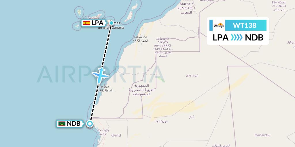 WT138 Swiftair Flight Map: Las Palmas to Nouadhibou