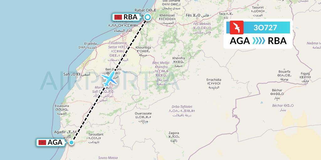 3O727 Air Arabia Maroc Flight Map: Agadir to Rabat