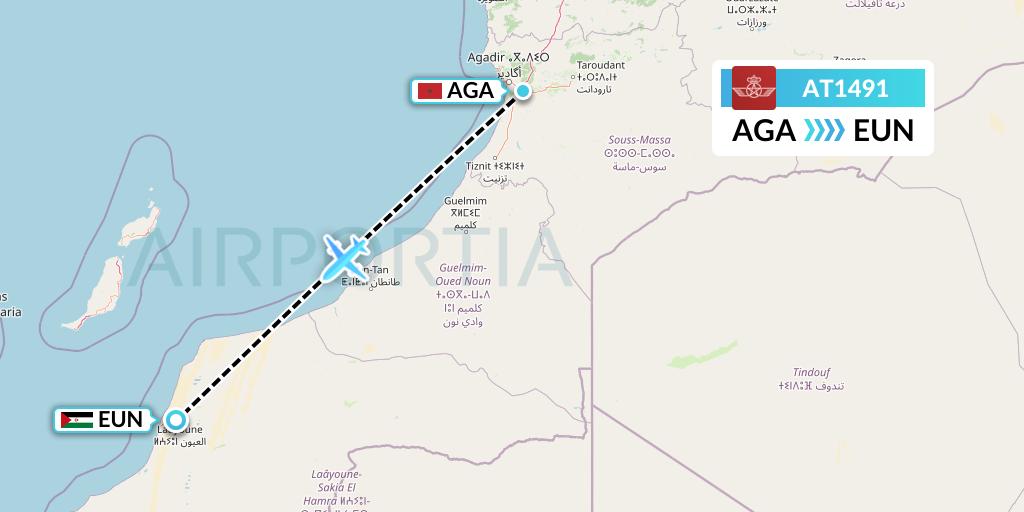 AT1491 Royal Air Maroc Flight Map: Agadir to El Aaiun