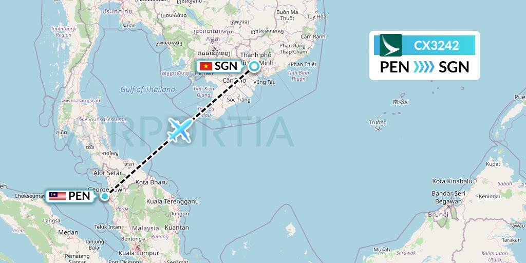 CX3242 Cathay Pacific Flight Map: Penang to Ho Chi Minh City