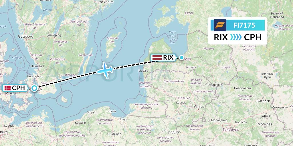 FI7175 Icelandair Flight Map: Riga to Copenhagen
