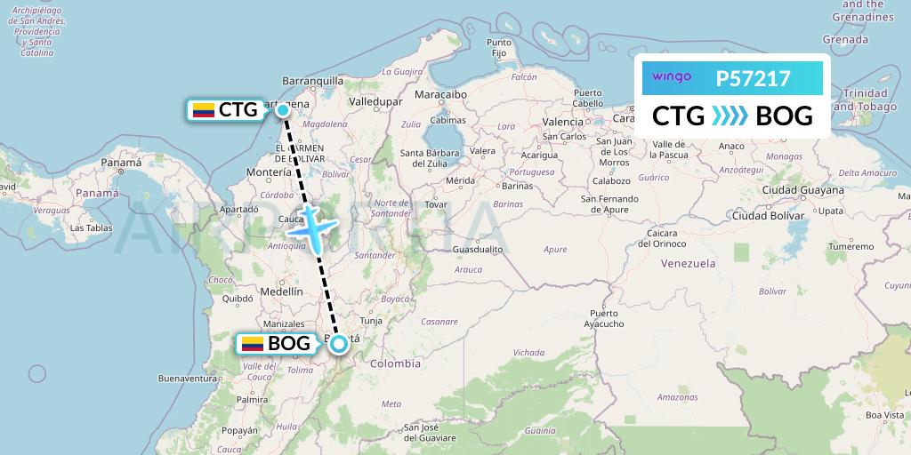 P57217 Copa Airlines Colombia Flight Map: Cartagena to Bogota