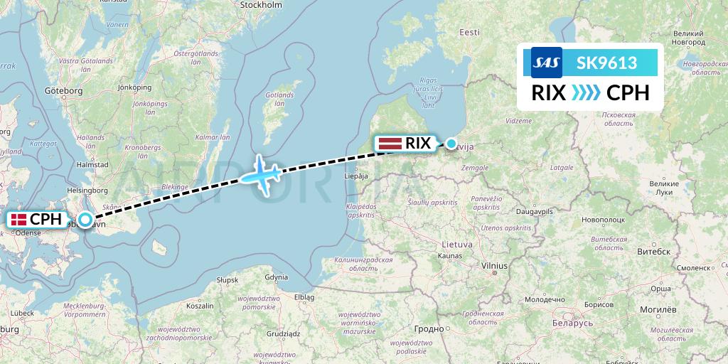 SK9613 SAS Flight Map: Riga to Copenhagen