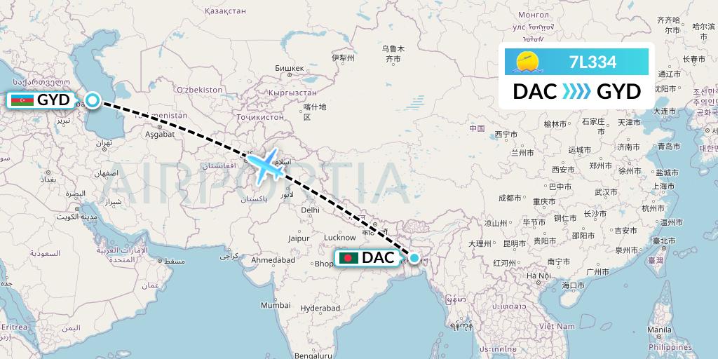 7L334 Silk Way West Airlines Flight Map: Dhaka to Baku