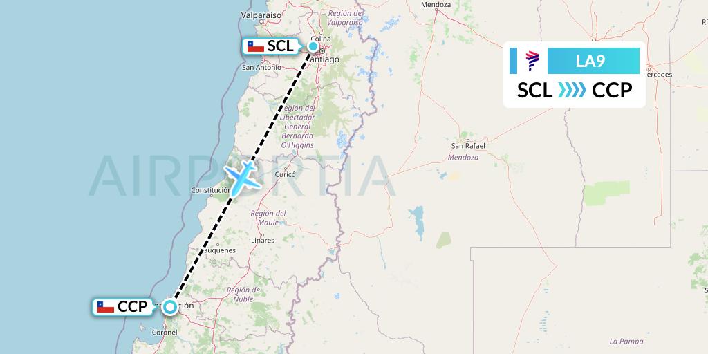 LA9 LAN Airlines Flight Map: Santiago to Concepcion