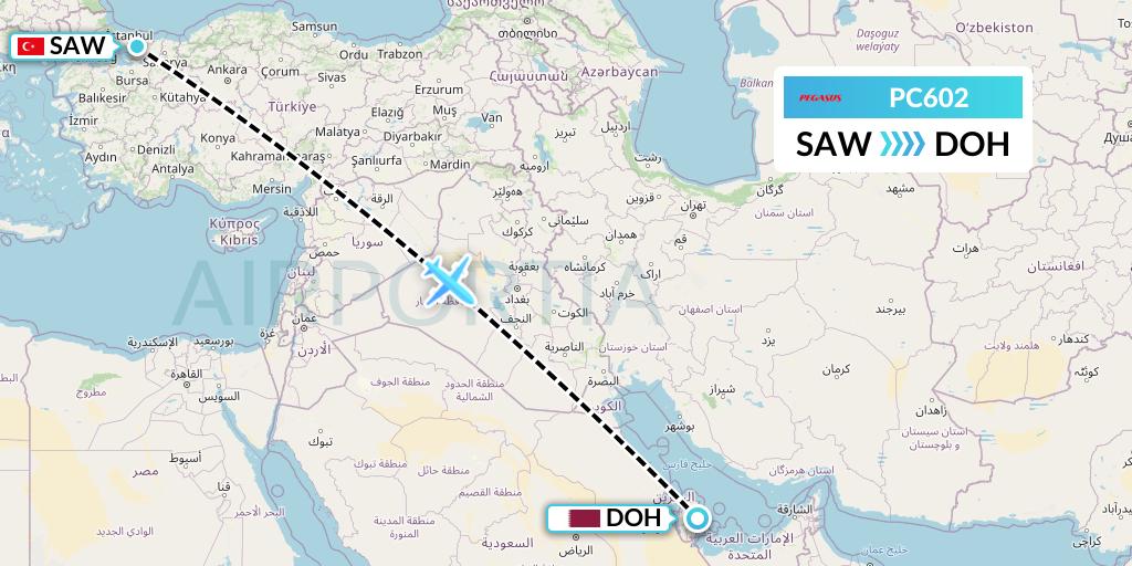 PC602 Pegasus Airlines Flight Map: Istanbul to Doha