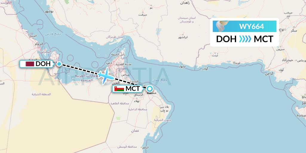 WY664 Oman Air Flight Map: Doha to Muscat