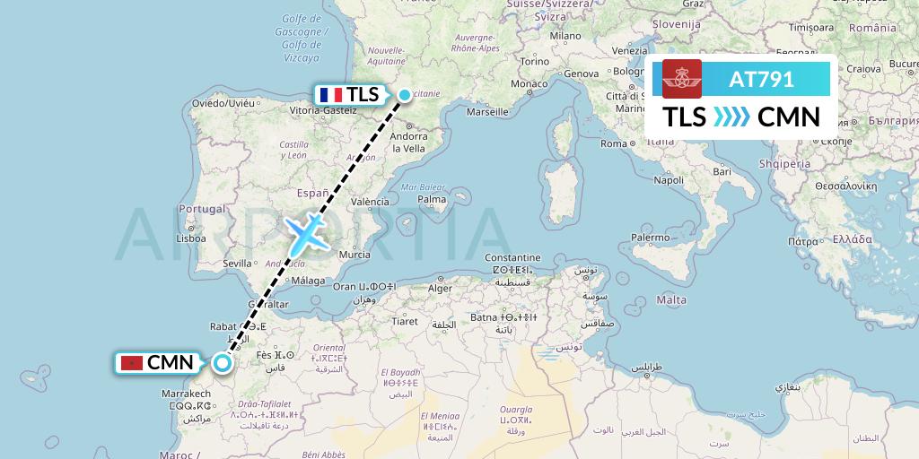 AT791 Royal Air Maroc Flight Map: Toulouse to Casablanca