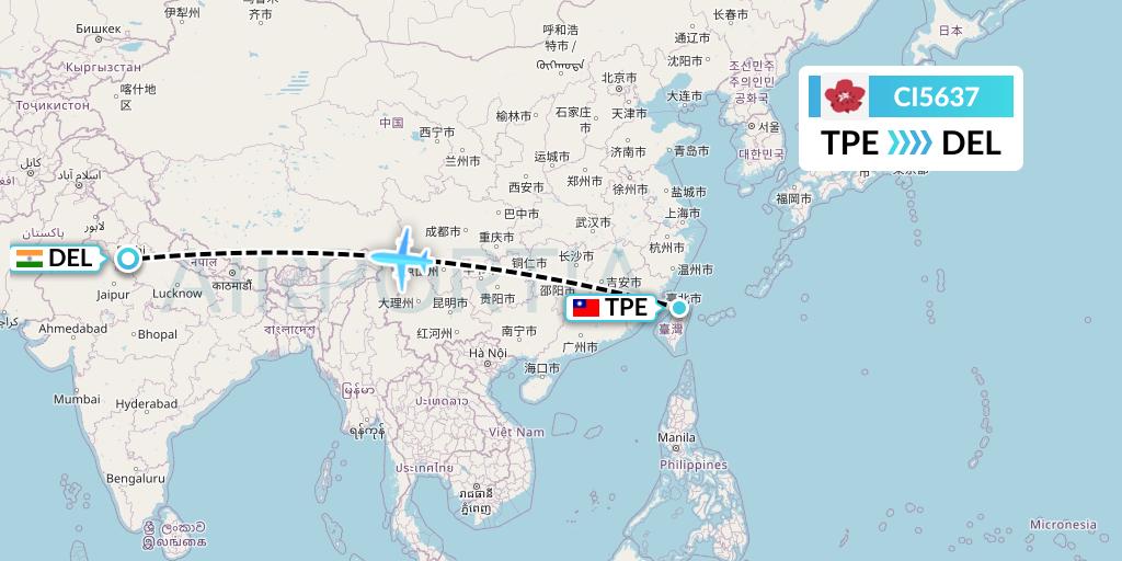 CI5637 China Airlines Flight Map: Taipei to Delhi