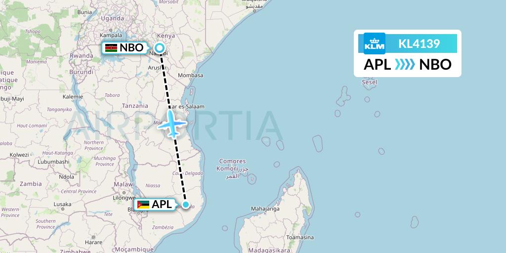 KL4139 KLM Flight Map: Nampula to Nairobi