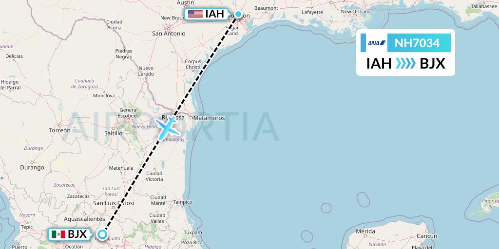 NH7034 All Nippon Airways Flight Map: Houston to Silao