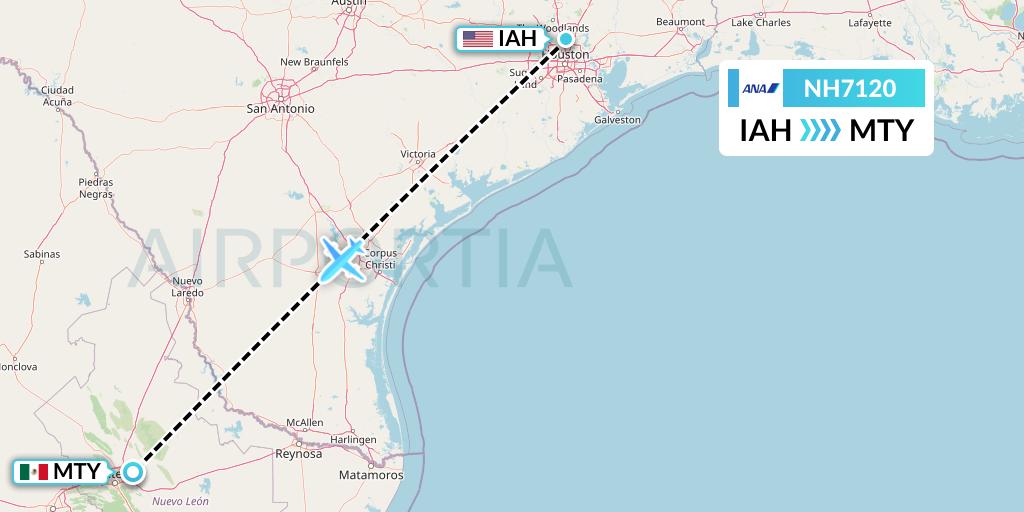 NH7120 All Nippon Airways Flight Map: Houston to Monterrey