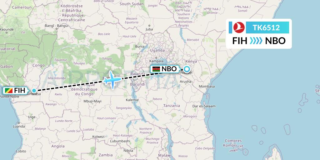 TK6512 Turkish Airlines Flight Map: Kinshasa to Nairobi