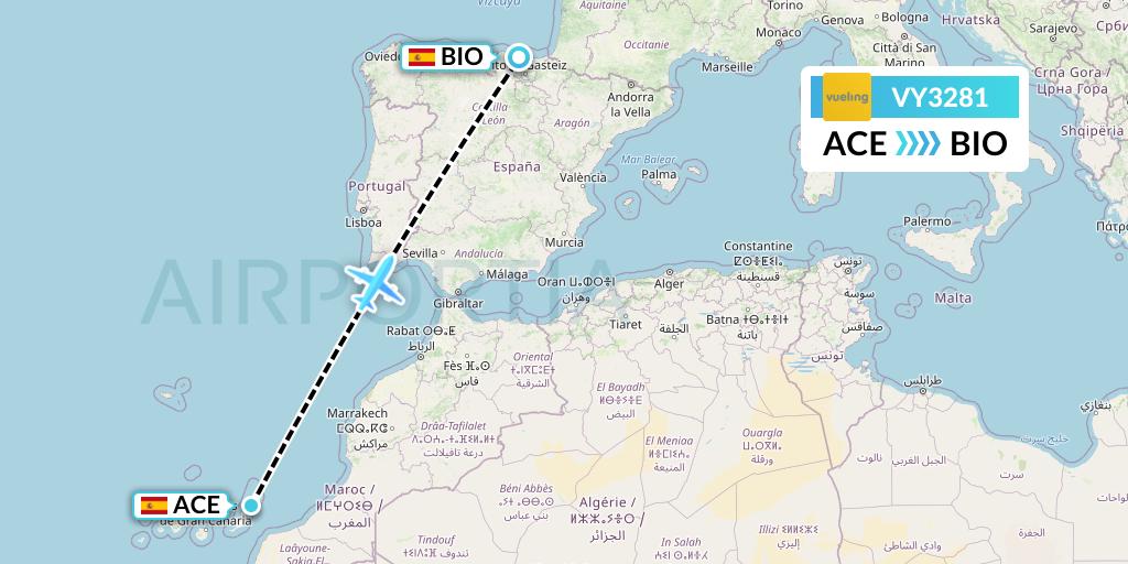 VY3281 Vueling Flight Map: Lanzarote to Bilbao