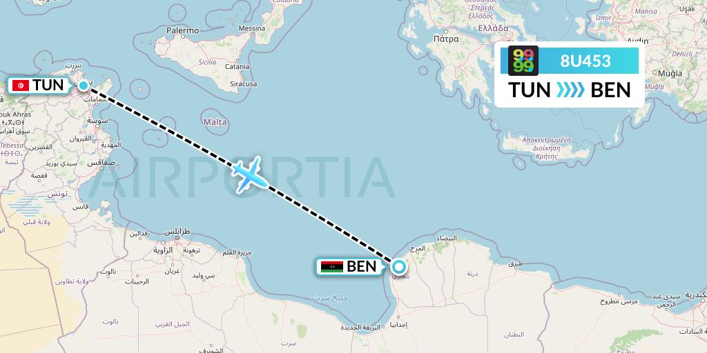 8U453 Afriqiyah Airways Flight Map: Tunis to Benghazi