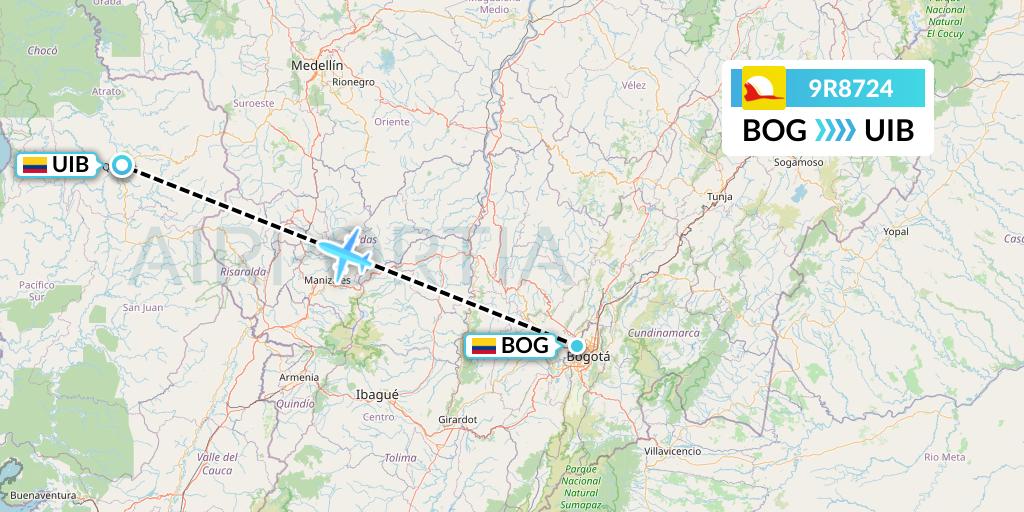 9R8724 Satena Flight Map: Bogota to Quibdo