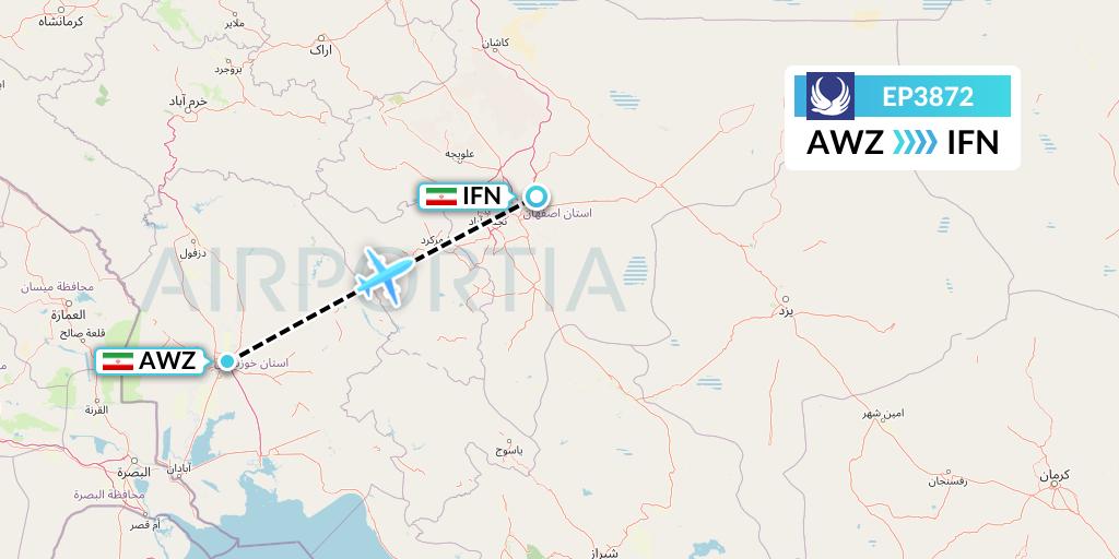 EP3872 Iran Aseman Airlines Flight Map: Ahvaz to Isfahan