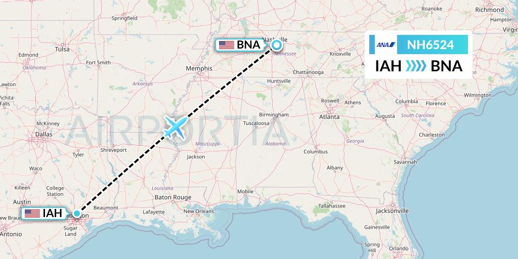 NH6524 All Nippon Airways Flight Map: Houston to Nashville