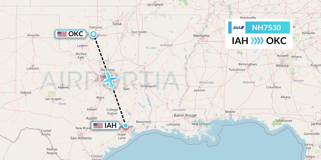 NH7530 All Nippon Airways Flight Map: Houston to Oklahoma City