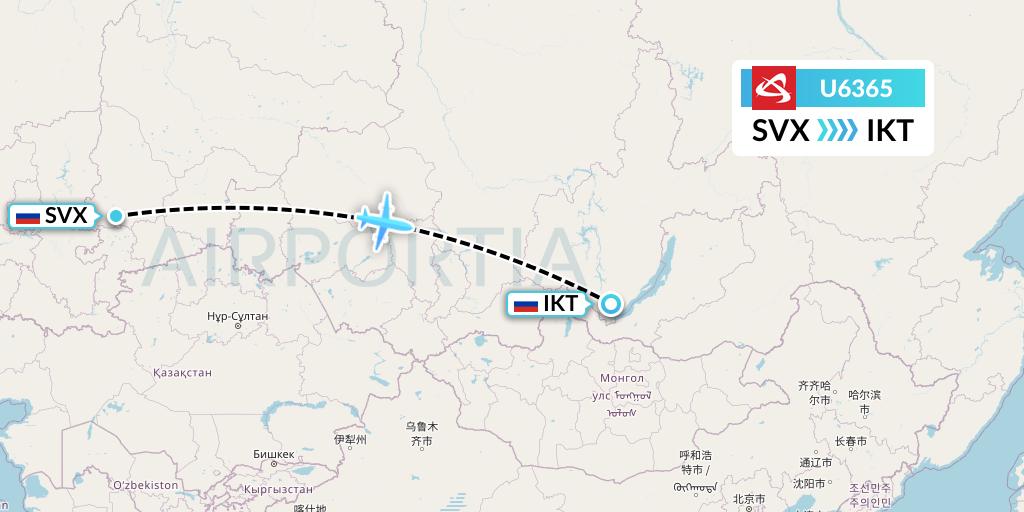 U6365 Ural Airlines Flight Map: Yekaterinburg to Irkutsk