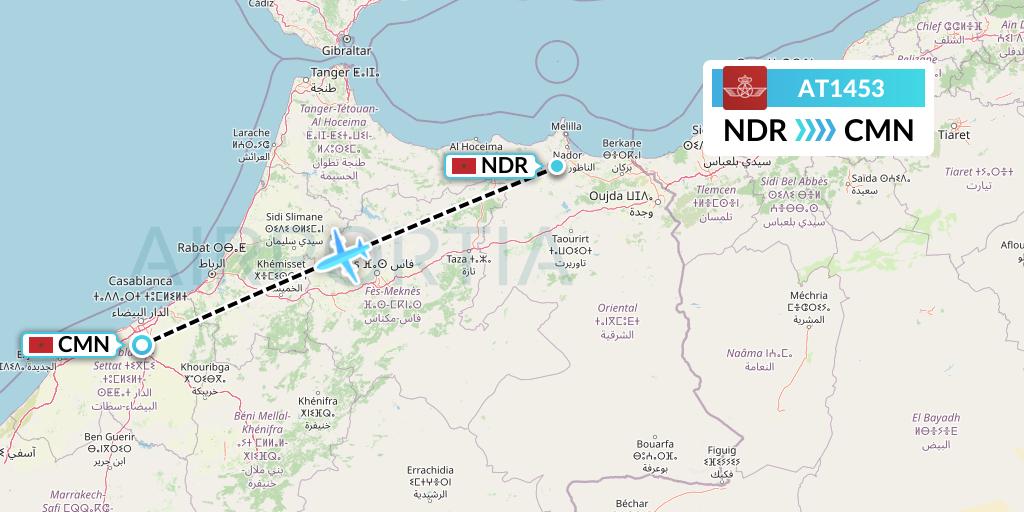AT1453 Royal Air Maroc Flight Map: Nador to Casablanca