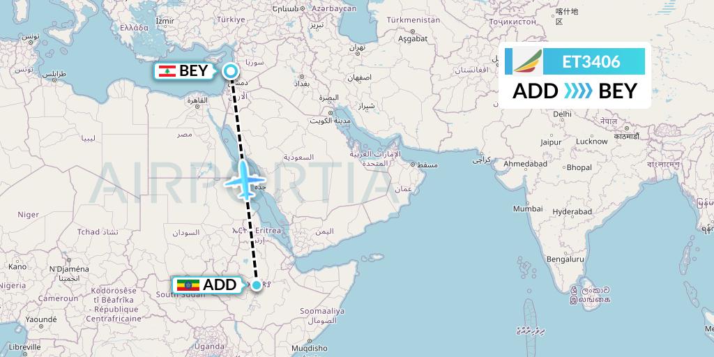 ET3406 Ethiopian Airlines Flight Map: Addis Ababa to Beirut