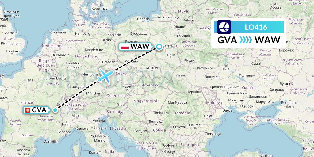 LO416 LOT Flight Map: Geneva to Warsaw