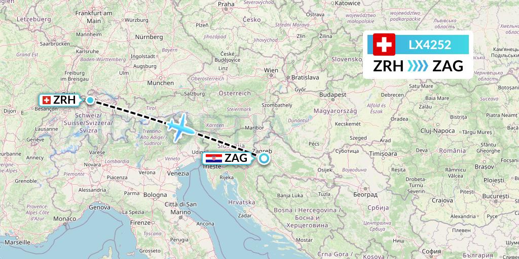 LX4252 Swiss Flight Map: Zurich to Zagreb