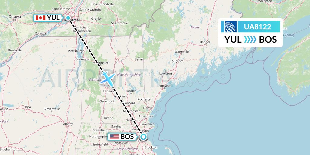 UA8122 United Airlines Flight Map: Montreal to Boston