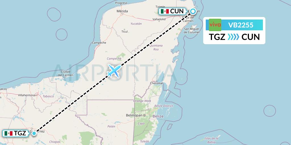 VB2255 VivaAerobus Flight Map: Tuxtla Gutierrez to Cancun