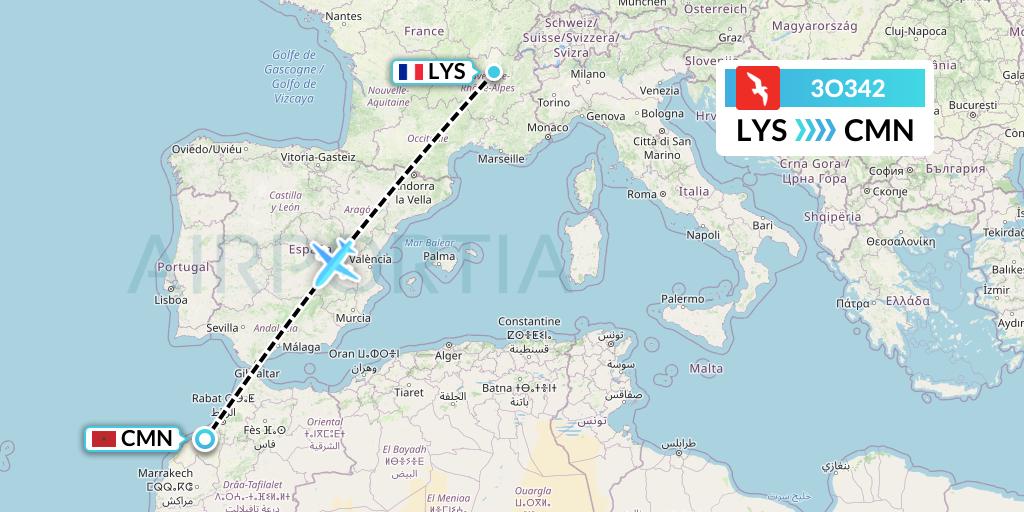 3O342 Air Arabia Maroc Flight Map: Lyon to Casablanca