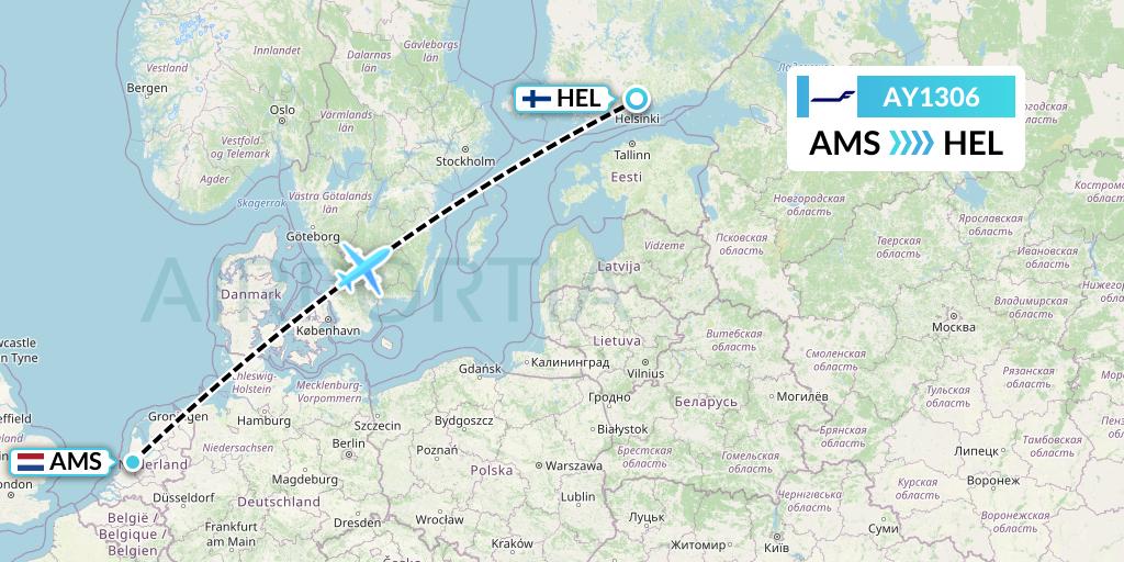 AY1306 Finnair Flight Map: Amsterdam to Helsinki