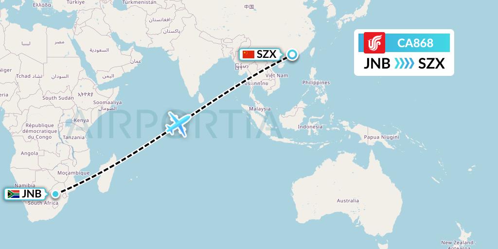 CA868 Air China Flight Map: Johannesburg to Shenzhen