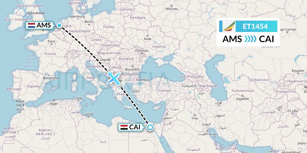 ET1454 Ethiopian Airlines Flight Map: Amsterdam to Cairo