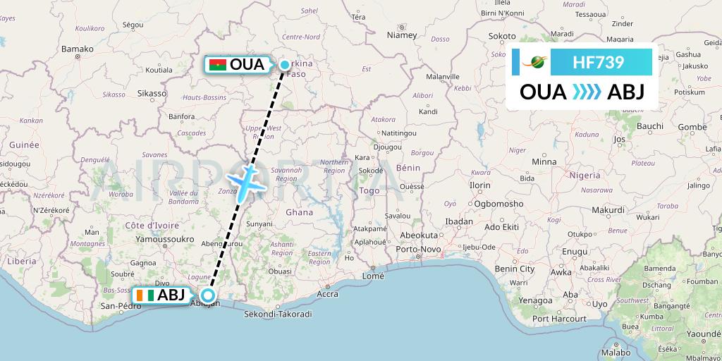 HF739 Air Cote d'Ivoire Flight Map: Ouagadougou to Abidjan