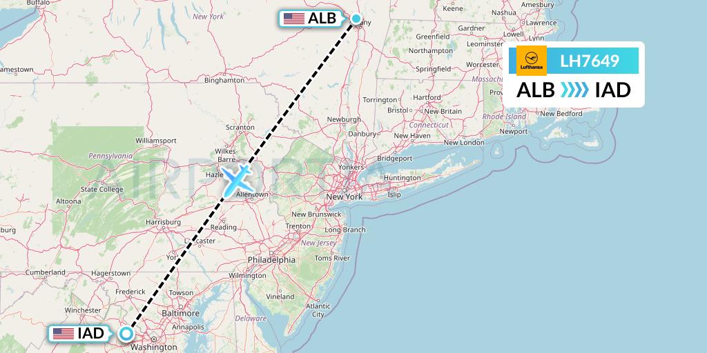 LH7649 Lufthansa Flight Map: Albany to Washington