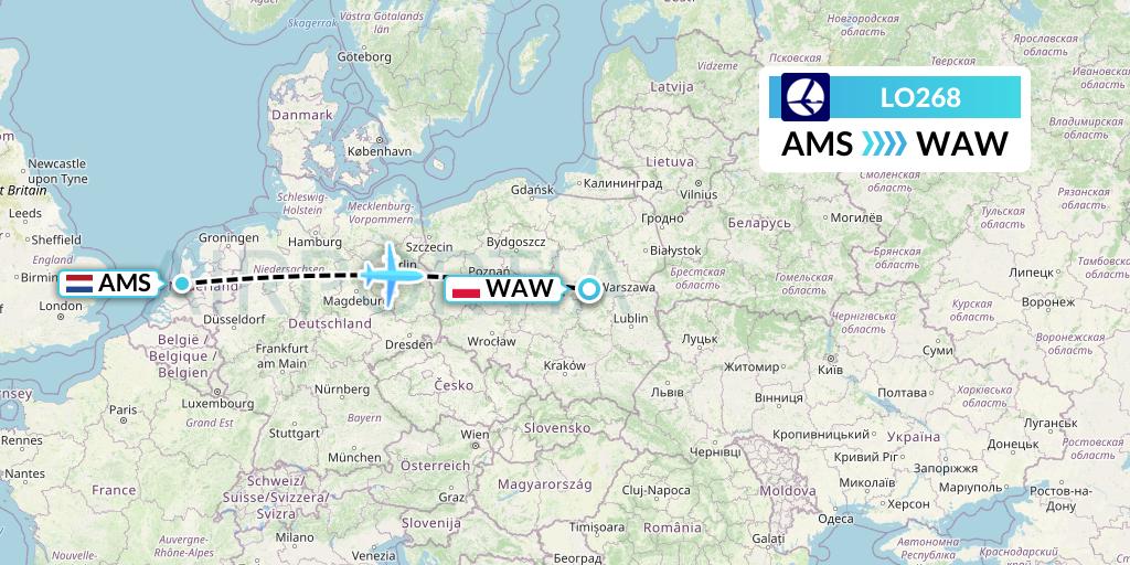 LO268 LOT Flight Map: Amsterdam to Warsaw