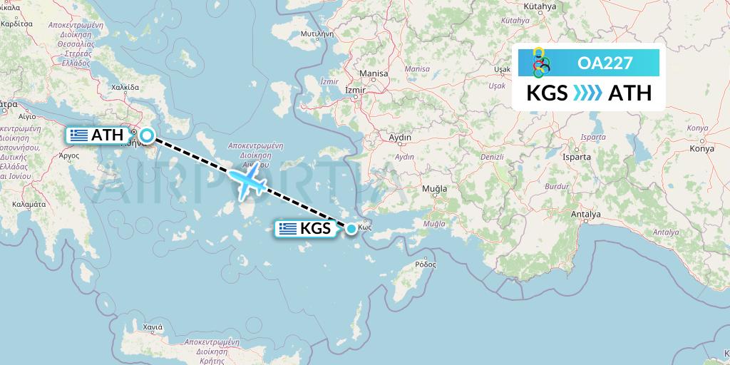 OA227 Olympic Air Flight Map: Kos to Athens