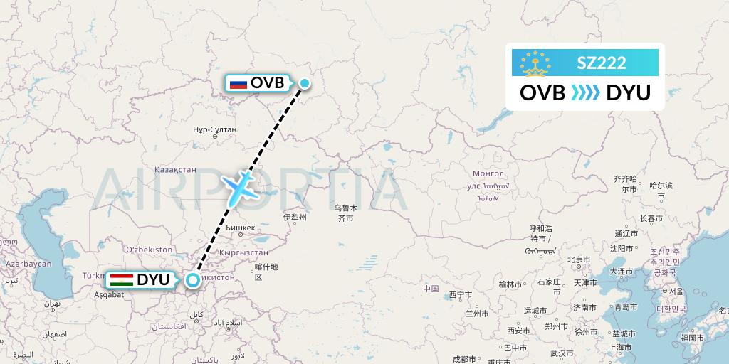 SZ222 Somon Air Flight Map: Novosibirsk to Dushanbe