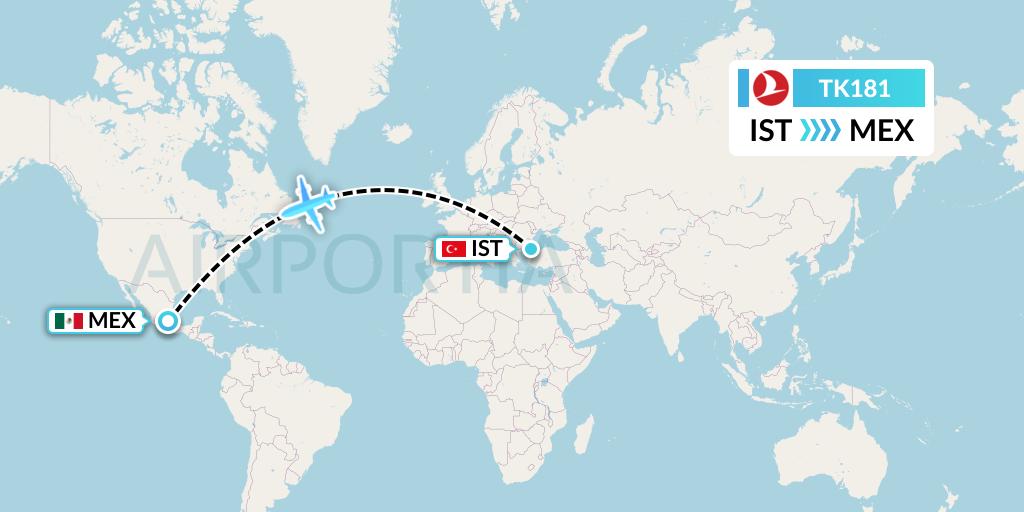 TK181 Turkish Airlines Flight Map: Istanbul to Mexico City