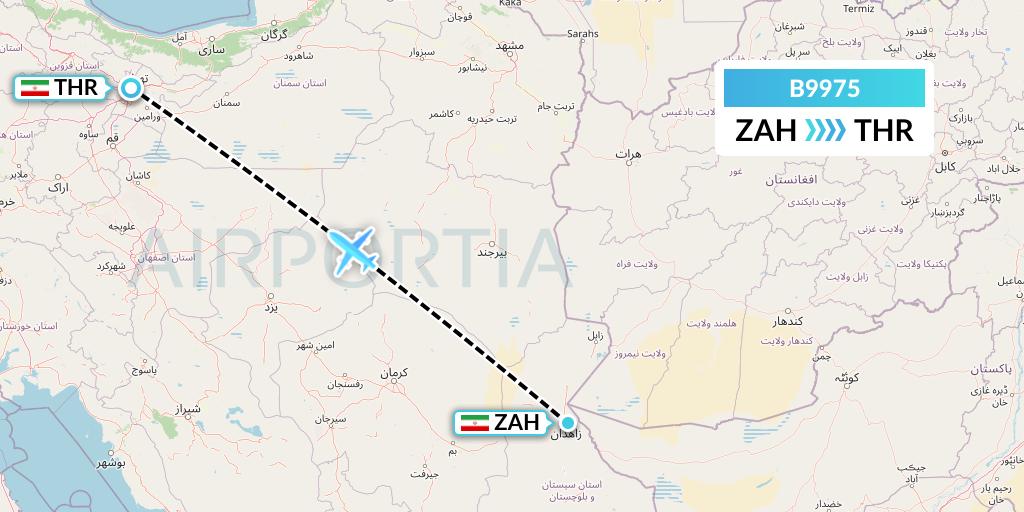 B9975 Iran Air Tours Flight Map: Zahedan to Tehran